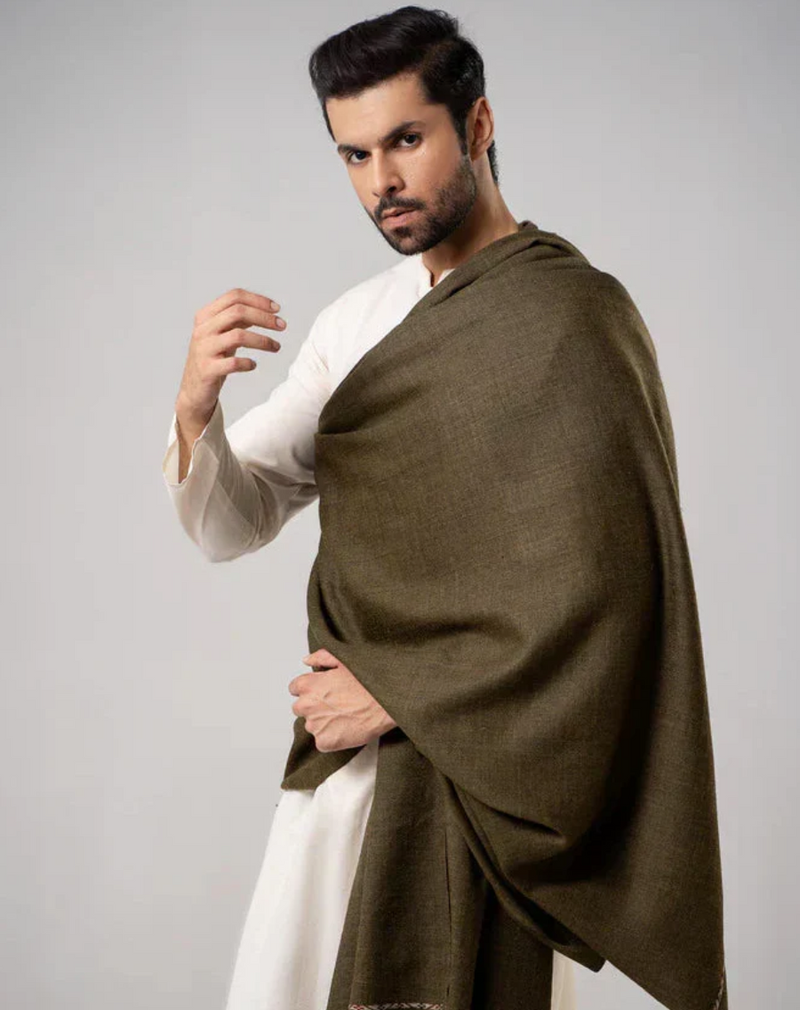 Classic Men's Wool Winter Shawl - Olive Green - men's winter wool shawl