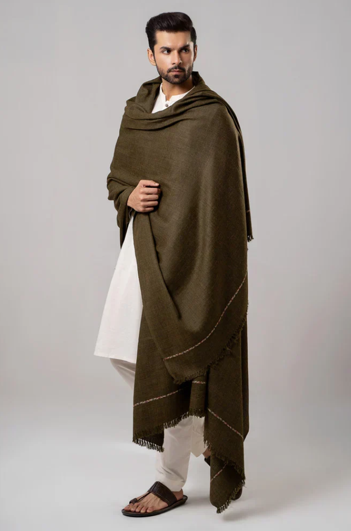 Classic Men's Wool Winter Shawl - Olive Green