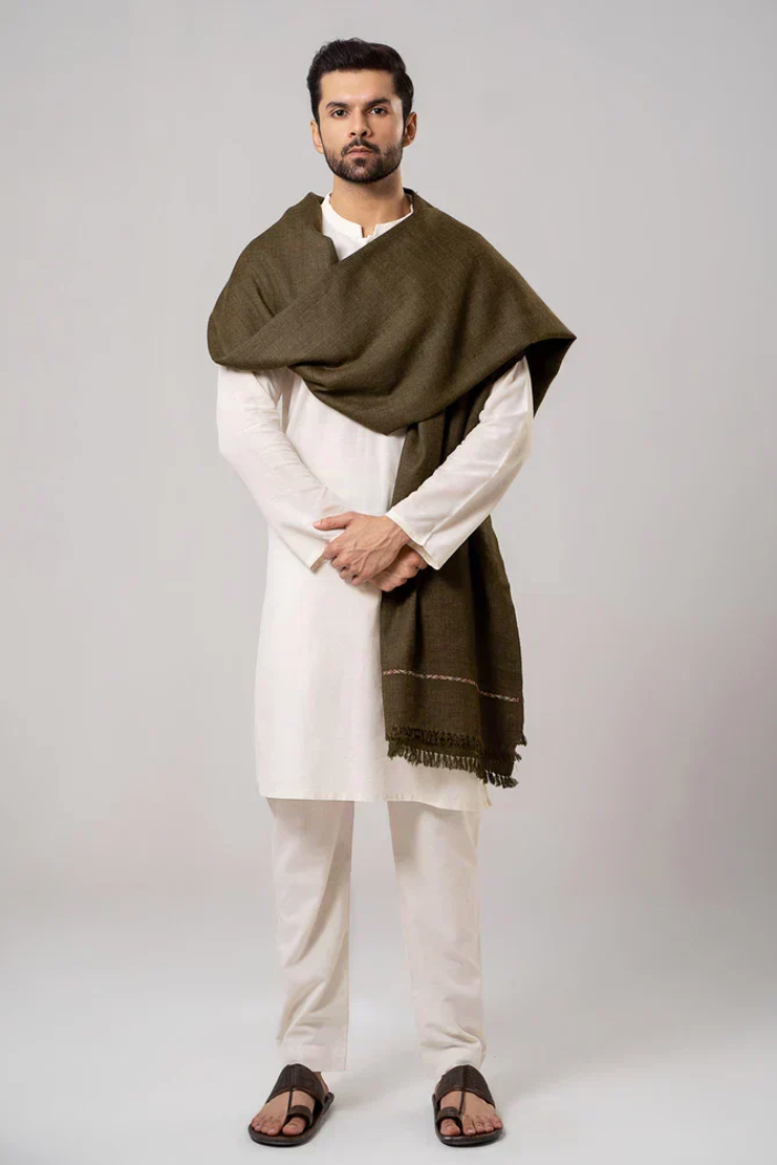 Classic Men's Wool Winter Shawl - Olive Green