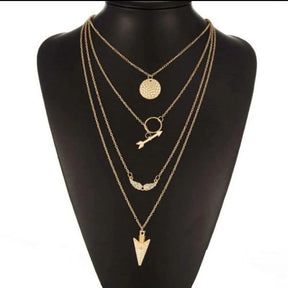 Stylish Golden Colored Ladies Necklace With 3 Layered Chains And 3 Different Pendants