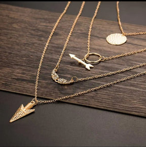 Stylish Golden Colored Ladies Necklace With 3 Layered Chains And 3 Different Pendants